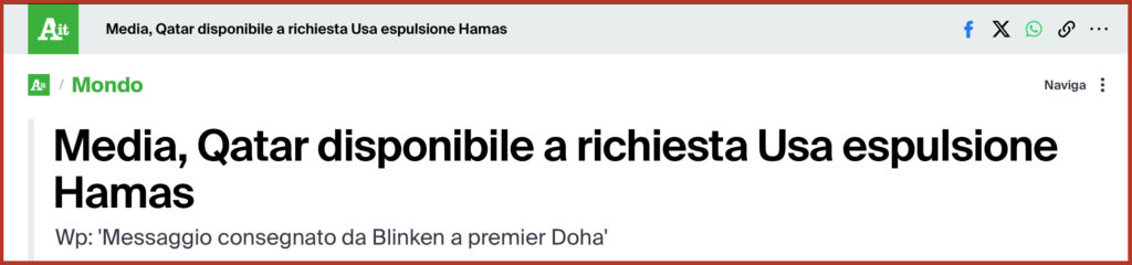 Media, Qatar disponibile a richiesta Usa espulsione Hamas