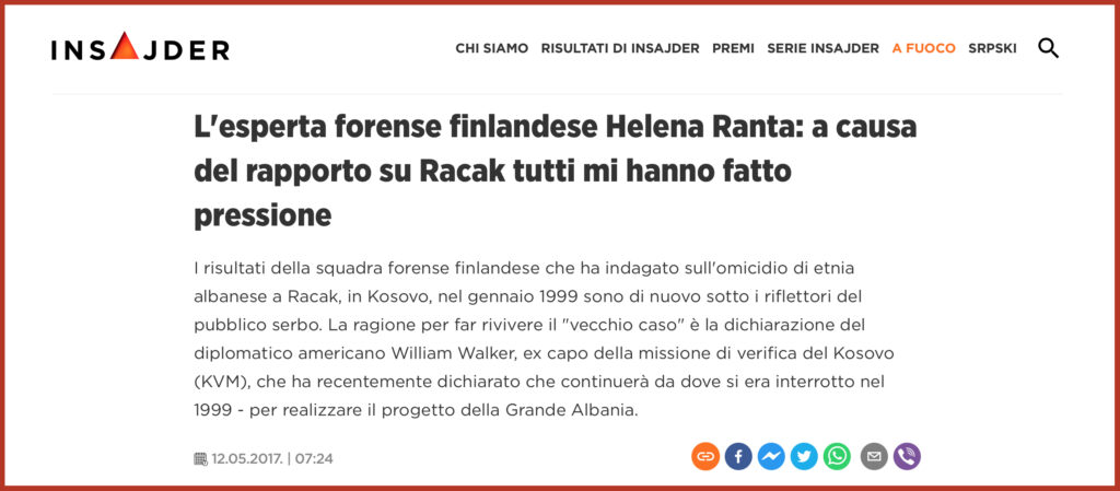 L'esperta forense finlandese Helena Ranta: a causa del rapporto su Racak tutti mi hanno fatto pressione