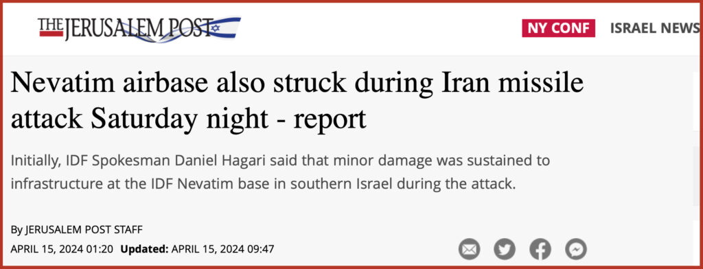 Nevatim airbase also struck during Iran missile attack Saturday night - report