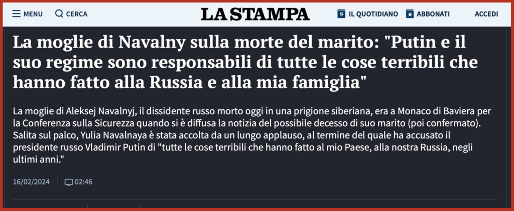 La moglie di Navalny sulla morte del marito: "Putin e il suo regime sono responsabili di tutte le cose terribili che hanno fatto alla Russia e alla mia famiglia"