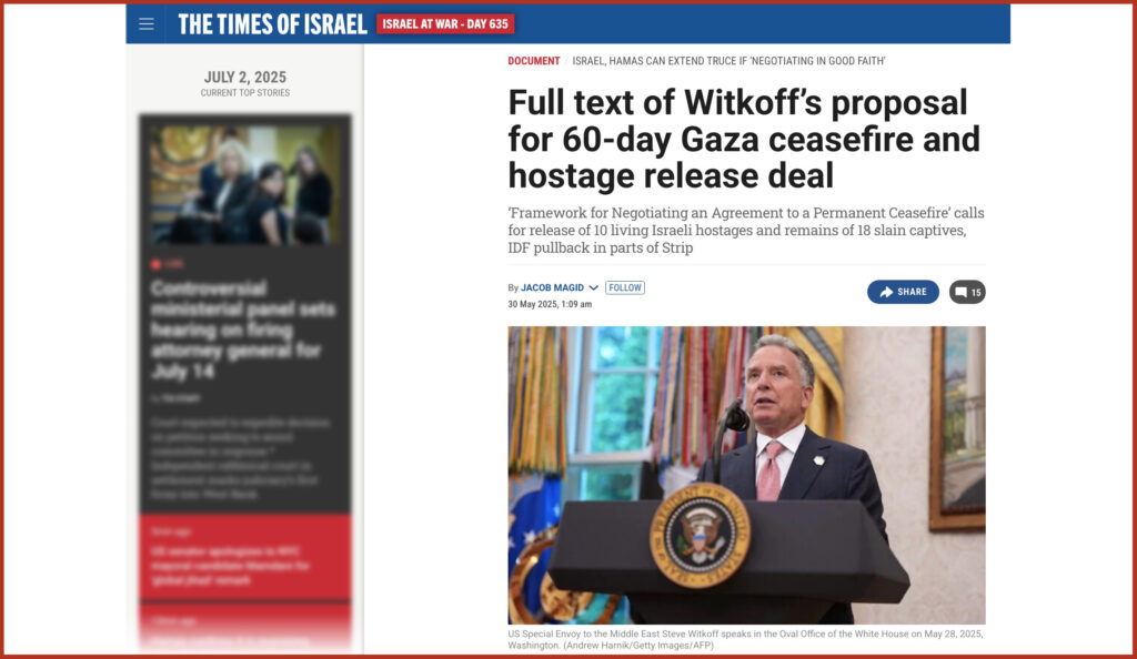 Full text of Witkoff’s proposal for 60-day Gaza ceasefire and hostage release deal