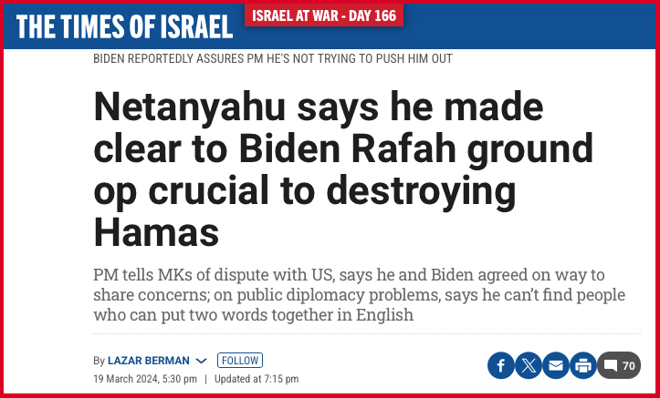 Netanyahu says he made clear to Biden Rafah ground op crucial to destroying Hamas