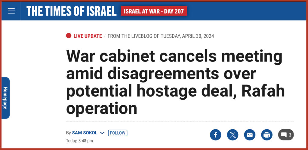 War cabinet cancels meeting amid disagreements over potential hostage deal, Rafah operation