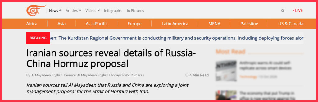 Iranian sources reveal details of Russia-China Hormuz proposal