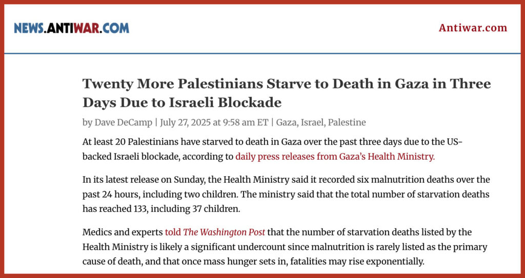 Twenty More Palestinians Starve to Death in Gaza in Three Days Due to Israeli Blockade