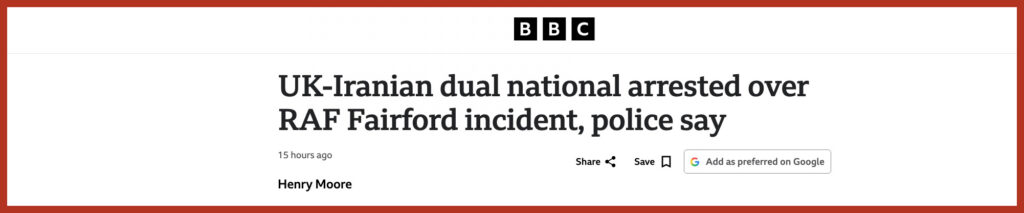 UK-Iranian dual national arrested over RAF Fairford incident, police say