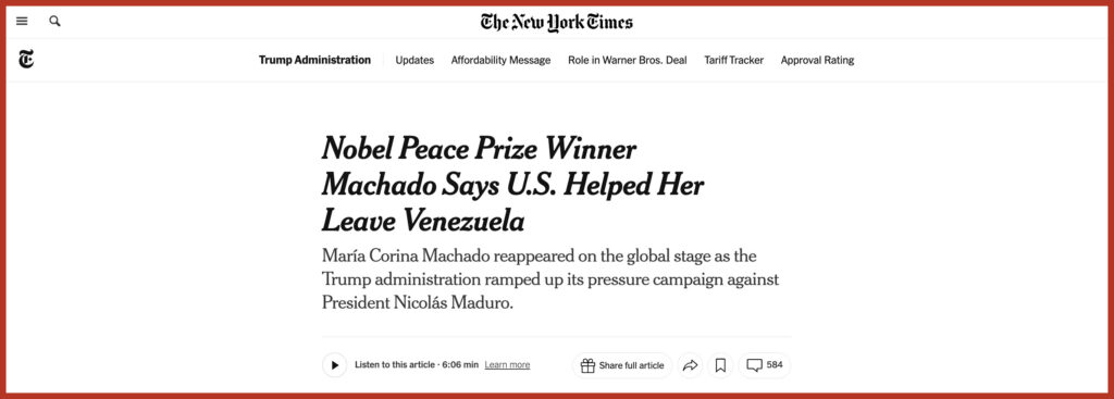 Nobel Peace Prize Winner Machado Says U.S. Helped Her Leave Venezuela