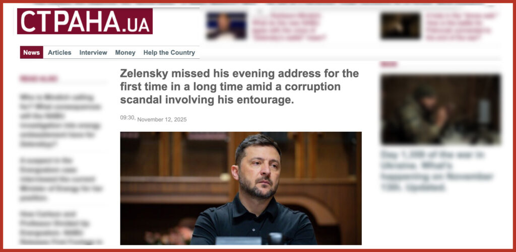 Zelensky missed his evening address for the first time in a long time amid a corruption scandal involving his entourage.