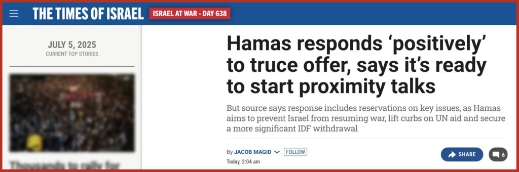 Hamas responds ‘positively’ to truce offer, says it’s ready to start proximity talks