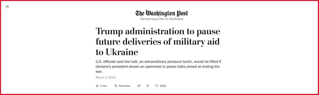 Trump administration to pause future deliveries of military aid to Ukraine
