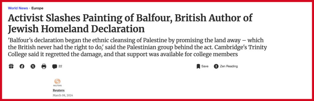 Activist Slashes Painting of Balfour, British Author of Jewish Homeland Declaration