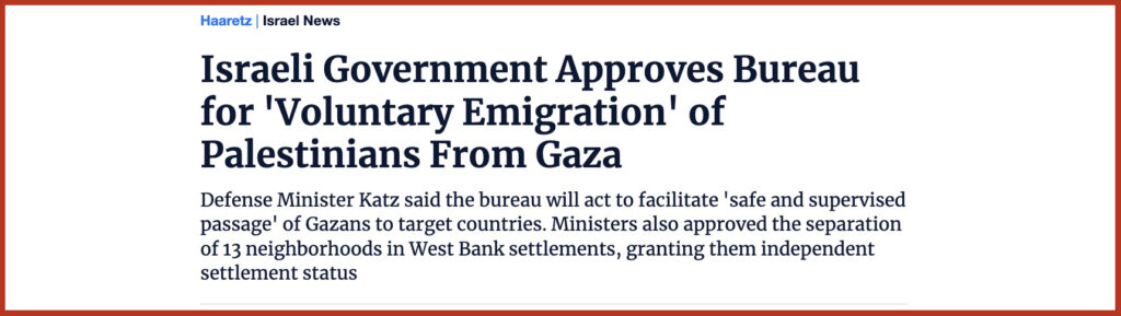 Israeli Government Approves Bureau for 'Voluntary Emigration' of Palestinians From Gaza
