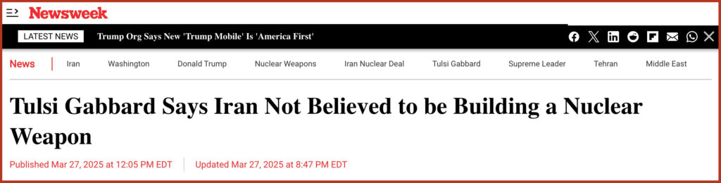 Tulsi Gabbard Says Iran Not Believed to be Building a Nuclear Weapon