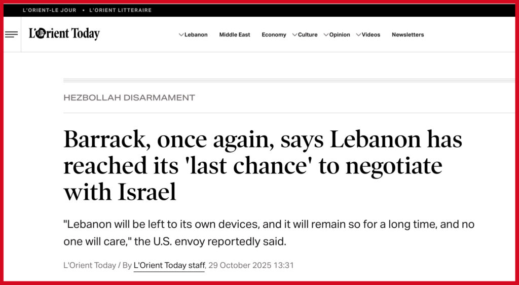Barrack, once again, says Lebanon has reached its 'last chance' to negotiate with Israel