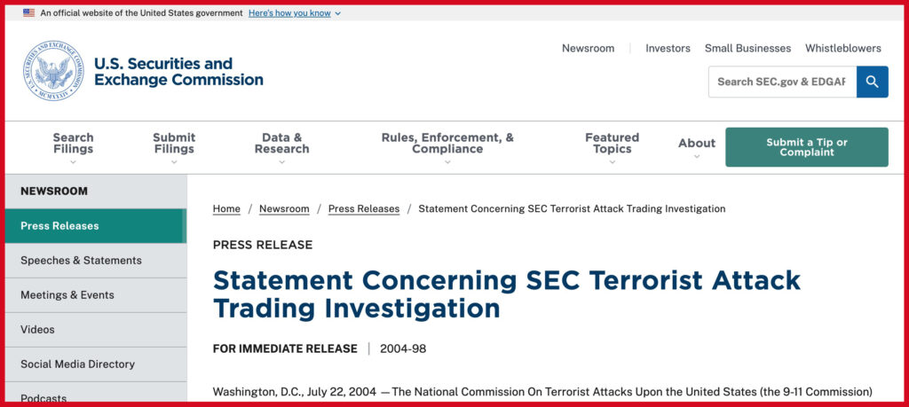 Statement Concerning SEC Terrorist Attack Trading Investigation