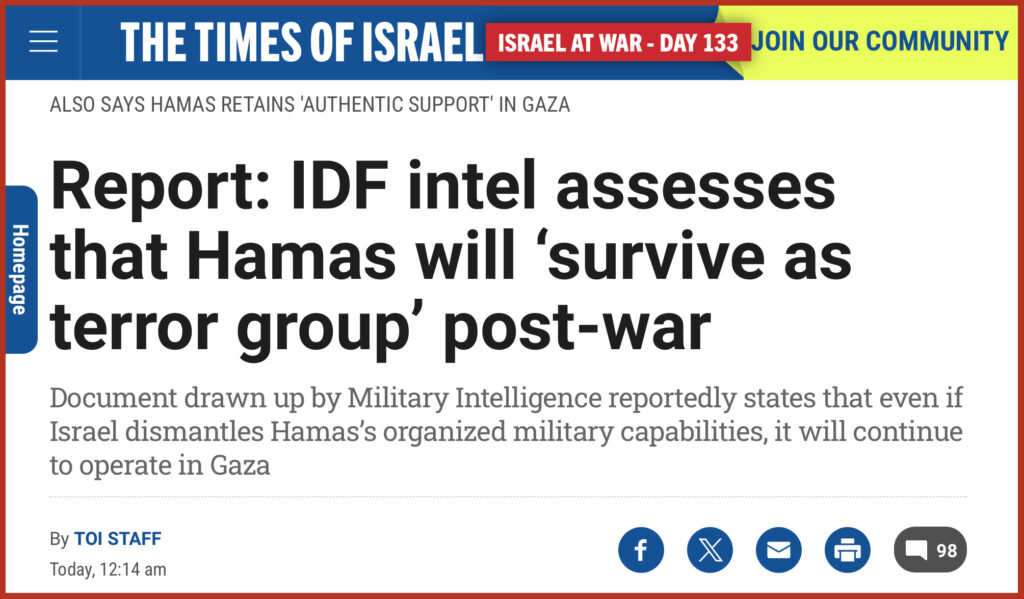 Report: IDF intel assesses that Hamas will ‘survive as terror group’ post-war