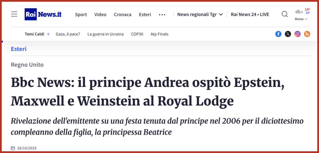 Bbc News: il principe Andrea ospitò Epstein, Maxwell e Weinstein al Royal Lodge