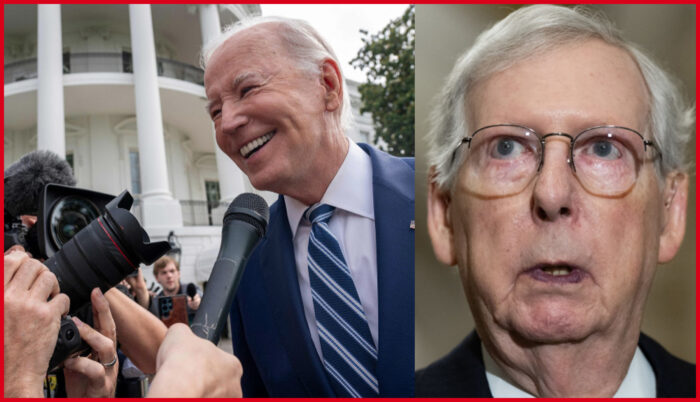 Sorridente Biden a sinistra, uno stralunato Mitch McConnel a destra. Partecipi del sacrificio rituale che si sta consumendo in Ucraina