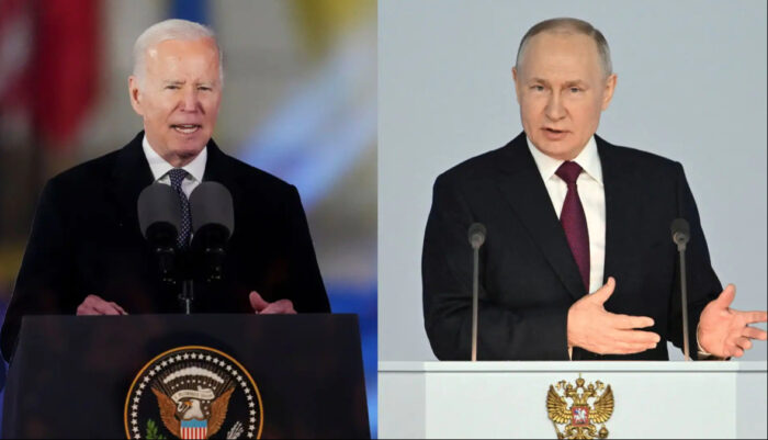 Biden e Putin durante i rispettivi discorsi di ieri. Biden e Putin: la disfida dialettica e la Terza guerra mondiale