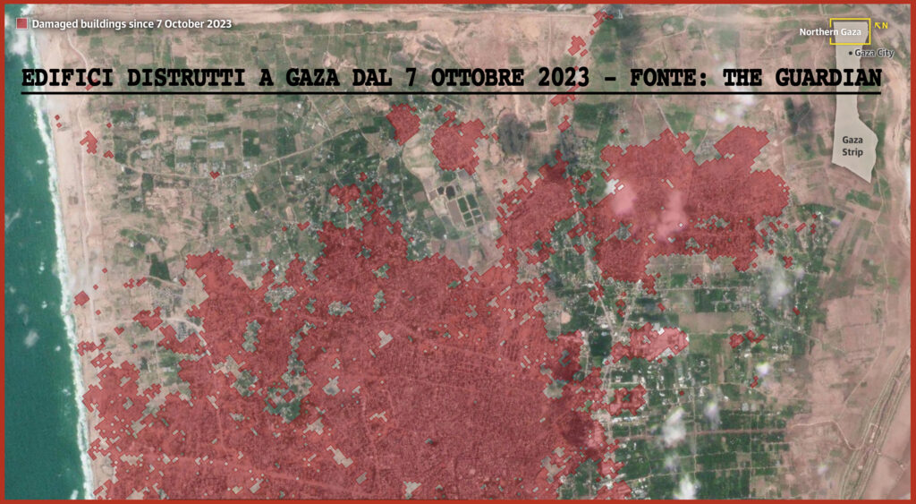 A partire dal 17 gennaio, l'analisi dei dati satellitari di Corey Scher della City University di New York e Jamon Van Den Hoek dell'Oregon State University rivela che tra il 50% e il 62% di tutti gli edifici di Gaza sono stati probabilmente danneggiati o distrutti.