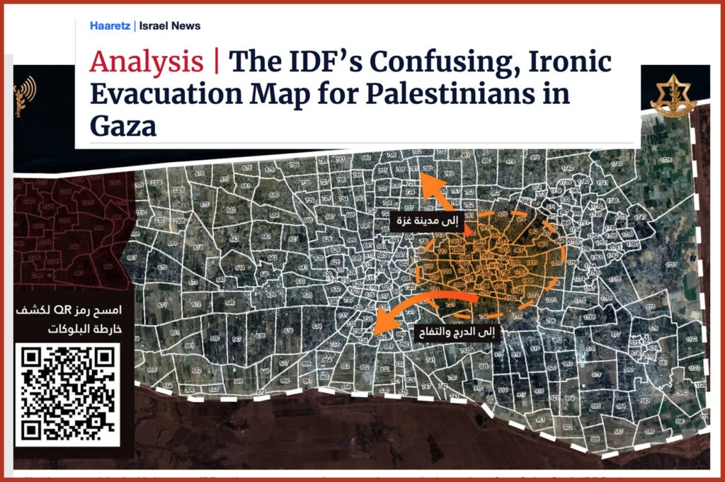 Haaretz: "La confusa e ironica mappa di evacuazione dell'IDF per i palestinesi a Gaza"