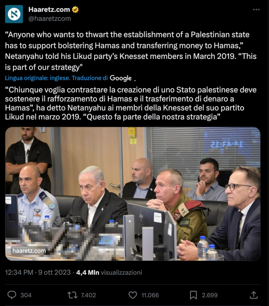 Screenshot del tweet di Haaretz sulle Hamas e Netanyahu