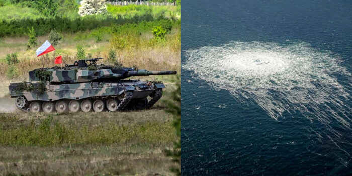 Leopard 2 polacco e, a sn, l'esplosione del gasdotto Nord Stream 2. I Leopard all'Ucraina: Berlino abdica alla sua residua sovranità
