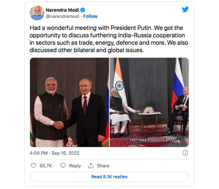 IL TWEET DI MODI. Modi e il meraviglioso incontro con Putin