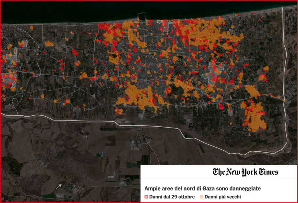 Grafica del NY Times che rappresenta le aree danneggiate dai bombardamenti.