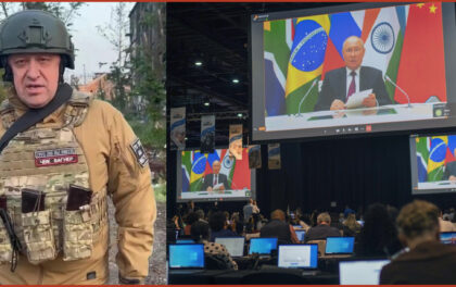 a sin. Prigozhin, a dx Putin in videoconferenza all'assemblea dei BRICS