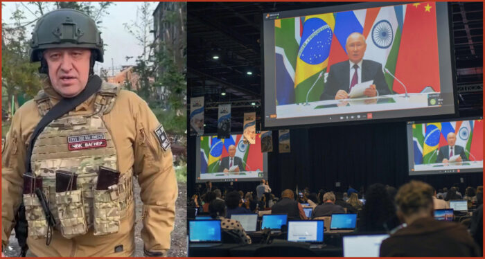 a sin. Prigozhin, a dx Putin in videoconferenza all'assemblea dei BRICS