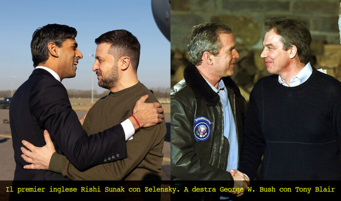 Il premier inglese Rishi Sunak con Zelensky. A destra George W. Bush con Tony Blair