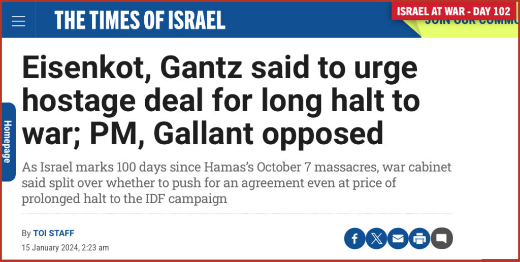 Eisenkot, Gantz said to urge hostage deal for long halt to war; PM, Gallant opposed