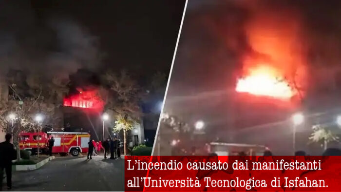 L’incendio causato dai manifestanti all’Università Tecnologica di Isfahan. Iran: i manifestanti attaccano il laboratorio di ricerca sui droni