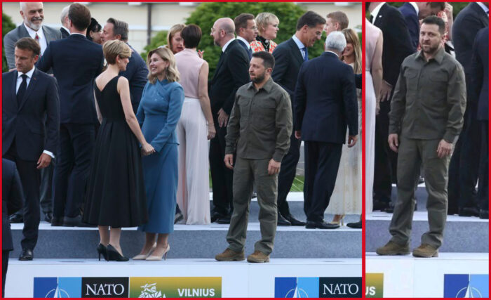 Il presidente dell'Ucraina Zelensky a Vilnius in solitudine durante la consueta foto di gruppo. La solitudine di Zelensky