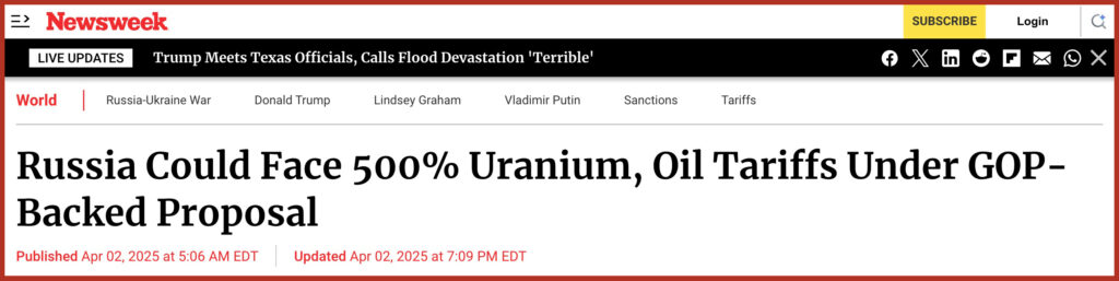Russia Could Face 500% Uranium, Oil Tariffs Under GOP-Backed Proposal