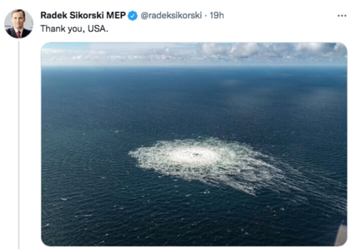 Twitt di Radek Sikorski all'indomani del sabotaggio del Nord Stream 2. La Germania non ha ancora "scoperto" il colpevole del sabotaggio