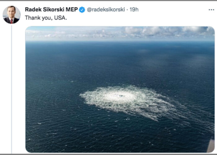 Twitt di Radek Sikorski all'indomani del sabotaggio del Nord Stream 2. Washington Post: gli Usa sapevano che Kiev voleva sabotare il Nord Stream