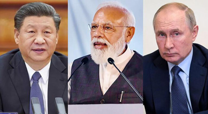 foto affiancate di Xi Jinping, Narendra Modi e Vladimir Putin. Il mondo multipolare delineato da Xi, Putin e Modi a Samarcanda
